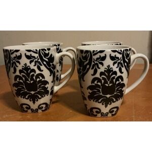 Set of 4‎ ROSCHER Black & White DAMASK Coffee/Tea Stoneware Mugs